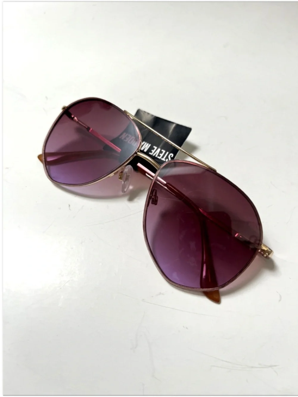 New STEVE MADDEN Double Bridge Aviator Sunglasses Gold Metal Frame Pink Lens
